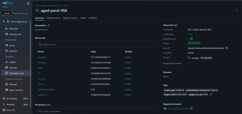 MLflow Screenshot: Churn Model Training
